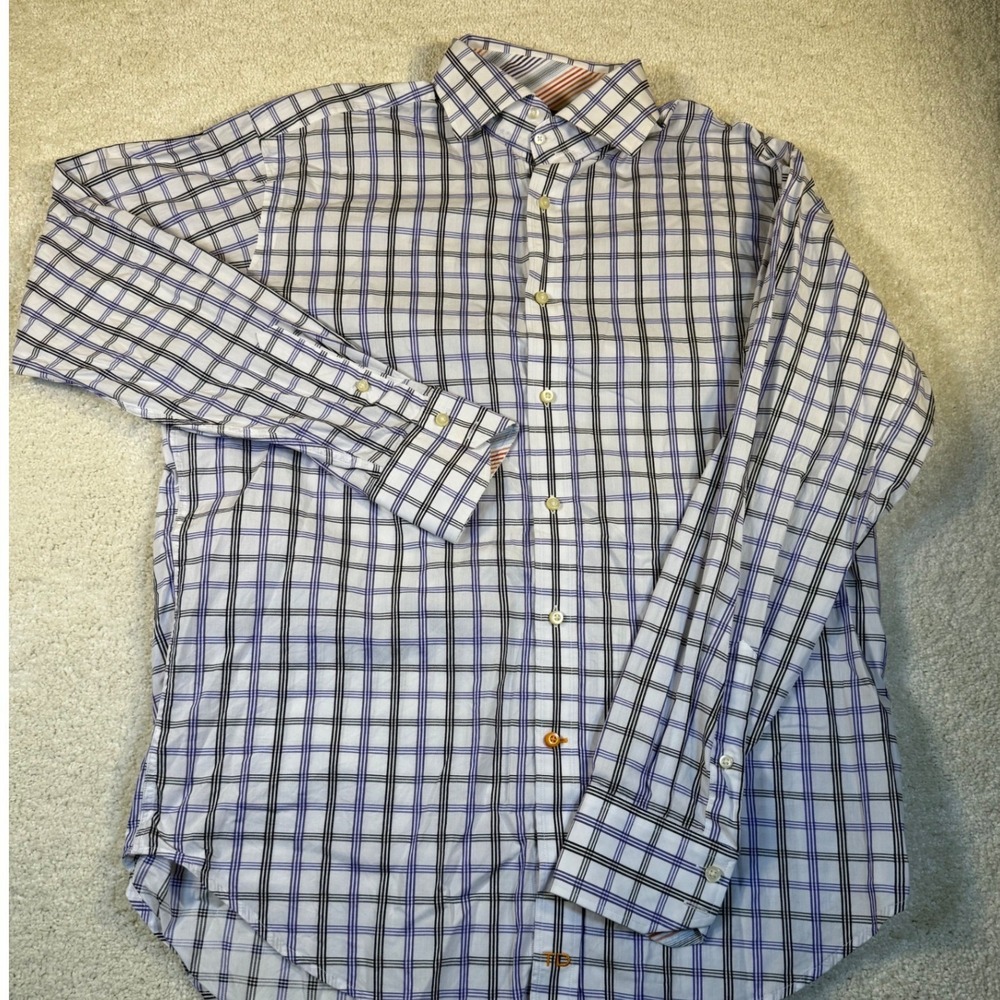 Thomas Dean Mens Plaid Button Up‎ Long Sleeve Dress Shirt Flip Cuff Size Medium
